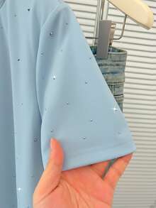 Women's Casual Blue Knitted Fabric T-Shirt With Rhinestone Detail And Round Neck Short Sleeves Regular Length - Blue - View 4