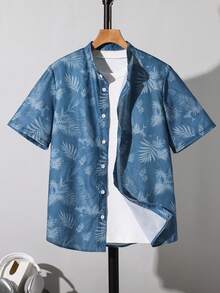 SHEIN Teen Boys' Summer Vibe Palm Tree Print Collared Short Sleeve Shirt, Casual, Comfortable, Fashionable, Versatile, Soft Fabric, Suitable For Daily Wear, School, Travel, Outdoor Activities, Music Festivals, Holidays, Beach Vacations, Summer Vibes, Festivals, Spring/Summer Summer Shirt Hawaii Shirt Beach Shirt - Blue - View 2