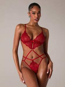 SHEIN BAE Bộ đồ liền thân cổ chữ V khoét sâu ren gợi cảm cổ điển không gọng dành cho nữ khi đi chơi - Màu Đỏ Sâu - Xem 4