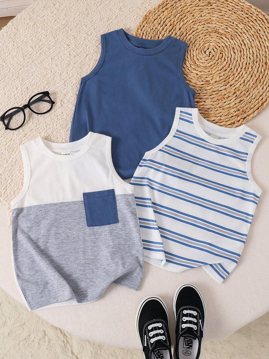 SHEIN 3 قطع/مجموعة ملابس علوية كنزة بدون أكمام للأولاد المراهقين بتصميم رقعي مخطط وأحادي اللون، 1 من كل لون