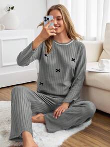 EURMUSE Women Cotton Bows Detail Long Sleeve Shirt&Pants Homewear Lounge Pajama Set - Light Grey - View 5