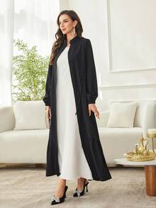 Al Najma Women's Casual Black Cinched Waist Stand Collar Zipper Abaya - Black - View 4