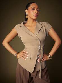 Vixey Tan Asymmetrical Neckline Short Sleeve Notched Collar Top - Camel - View 1