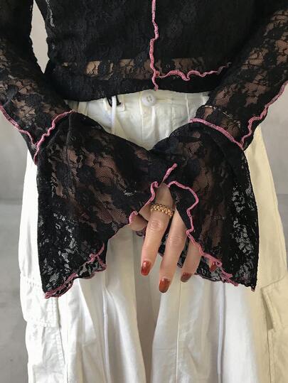 FRIFUL Women's High Neck Lace Camisole Top, Wavy Hem Contrast Trim Flare Sleeve Cropped Blouse Long Sleeve