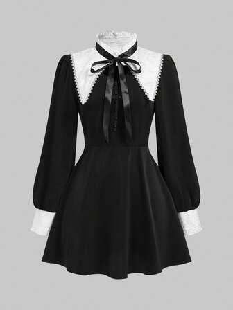 Robe col avec nœud noir et blanc style Lolita gothique pour femmes