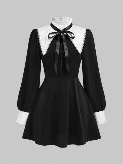 Goth Vestido con cuello de lazo negro y blanco estilo gótico lolita para mujeres