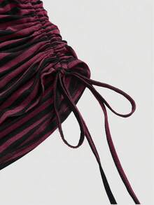 ROMWE J-Fashion Spring/SummerY2K Sexy Striped Bat Wing Ruched Drawstring Off-Shoulder Women's Suit - Multicolor - View 7