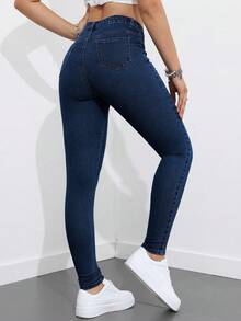 Rivivi Quần jean denim nữ màu trơn kiểu dáng thường ngày - Rửa tối - Xem 2