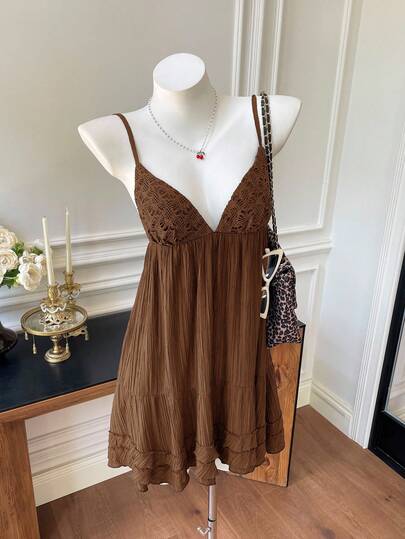 SHEIN EZwear Women's Solid Color Hollow Design Ruffle Hem Spaghetti Strap Mini Slip Dress, Spring/Summer,Beach Vacation Outfits For Women Brown Dress Brown Beach Dress Coffee Brown Dress Brown Summer Dress Summer Brown Dress