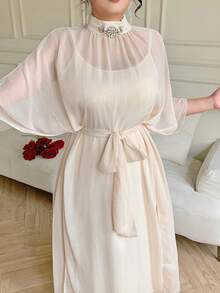 Dazy Plus Valentine Elegant Long Sequin Chiffon Robe, Bodycon Spaghetti Strap Dress, Batwing Sleeve Long Robe, 2-Piece Set For Party - Apricot - View 5