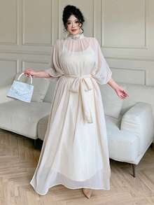 Dazy Plus Valentine Elegant Long Sequin Chiffon Robe, Bodycon Spaghetti Strap Dress, Batwing Sleeve Long Robe, 2-Piece Set For Party - Apricot - View 7