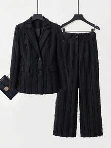 Aveloria Modichic Women's Textured Frayed Edge Striped Tassel Design Minimalist Blazer Jacket Paired With Wide Leg Pants Suit - Black - View 3