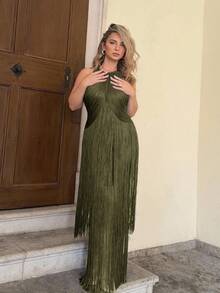 Jeta Ari Vestido maxi elegante y vintage estilo bohemio con flecos, adecuado para primavera, verano, vacaciones, festivales, playas, fiestas y Pascua - Verde militar - Ver 4