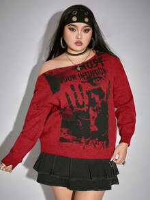 ROMWE Grunge Punk 大码女式骷髅扎染印花宽松不对称领复古音乐节派对毛衣