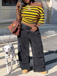 Muchica Quần cargo ống rộng cạp lệch, dáng rộng, chất liệu wash, thích hợp cho kỳ nghỉ hè, nghỉ xuân, lễ hội Carnival 2026, đi chơi, màu đen. - màu đen - Xem 3