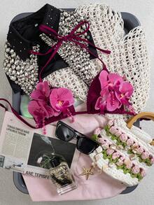 Swim SXY Áo tắm liền thân gợi cảm dành cho nữ, kiểu cổ yếm, chất liệu nylon lấp lấp lánh kết hợp họa tiết hoa lan 3D, thích hợp cho mùa xuân/hè. - Nhiều màu - Xem 3