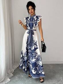 Elenzga Đầm maxi dáng chữ A thanh lịch cổ điển dành cho nữ, viền bèo nhún, thắt eo, họa tiết in, thích hợp cho mùa xuân/hè. - Xanh và trắng - Xem 3