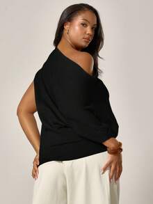 MUSERA Plus Woven Stretch Knit Asymmetrical Shoulder Short Sleeve Elasticated Top , , Winter, Cool Girl, Cosy, Everyday Valentines Day - Black - View 4