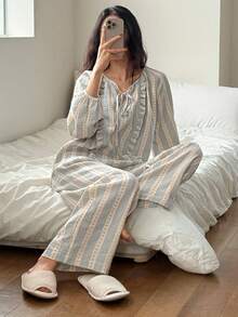 DAZY Sweet Plaid Frill Trim Loose Lantern Sleeve Women Pajama Set - Apricot - View 6