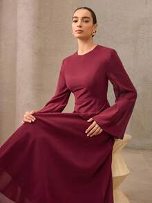 Graceveil Style Elegant & Romantic Brown Dress For Women, Suitable For Parties Red Dress  Elegant Modest Dress Maroon Dress Long Sleeve Elegant Dress Wine Dress Ruffle Trim Dress - Burgundy - View 7