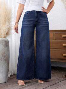 SHEIN Plus Size Women Blue Non-Stretch Wide Leg Cowgirl Jeans, Spring Outfits - Dark Wash - View 7