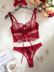 Myrelith 2件套女士性感花卉刺绣网纱蝴蝶结装饰内衣套装