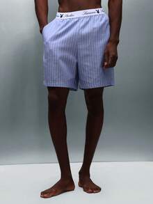 PLAYBOY X SUMWON Pinstripe Waistband Logo Regular Fit Casual Elasticated Summer Lightweight Cotton Blend Bermuda Casual Walking - Blue and White - View 3