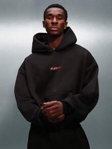 PLAYBOY X SUMWON Áo hoodie dáng ngắn rộng màu đen với logo chú thỏ đỏ đặc trưng, túi giữa, tay dài, phong cách đường phố thường ngày. - màu đen - Xem 2