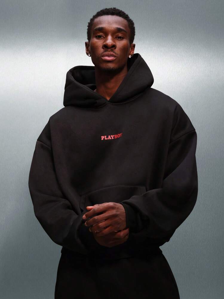 PLAYBOY X SUMWON 오버사이즈 블랙 후드티 (레드 로고)