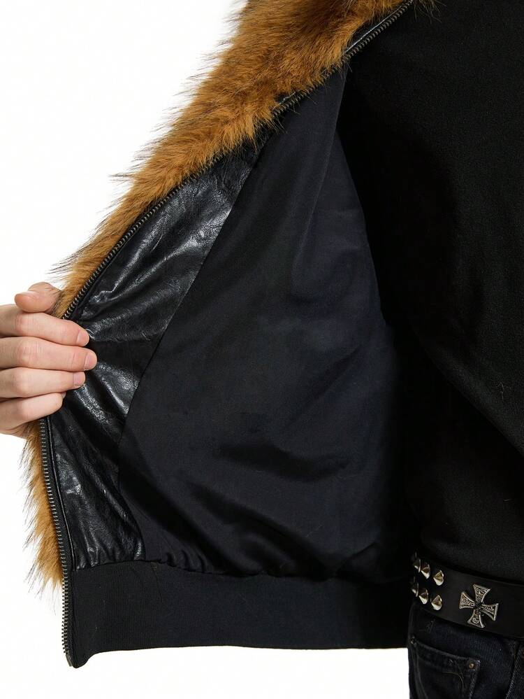 Men's Casual Long Sleeve Fluffy Zipper Jacket, For Fall Winter