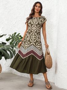 EMERY ROSE Women's Round Neck Geometric Print Casual Party Dress With Cap Sleeves Casual Dresses For Women Boho  Vacation Dresses - Dark Green - View 7
