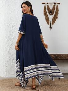 EMERY ROSE Damen gestreiftes Patchwork Rundhals Kurzarm Lässig Loose Kleid - marineblau - View 2