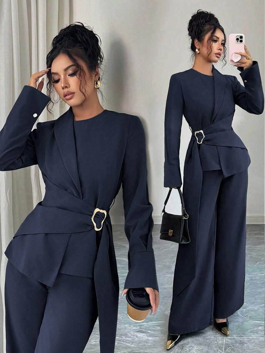 SHEIN Elenzya Women's Solid Color Long Sleeve Asymmetric Hem Shirt With Waist Buckle Design And Wide Leg Pants Elegant 2 Pieces Set - Navy Blue - View 1