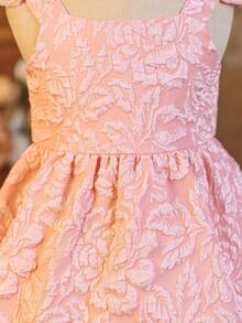 SHEIN Glamorique Kids 粉色纹理面料 3D 立体花朵不对称下摆方领女婴/幼儿连衣裙