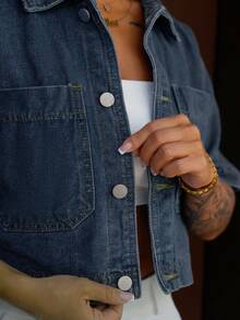 SAYEHFBABY 女式休閒雙口袋牛仔短袖外套，夏季 - 深色水洗藍 - 查看 5