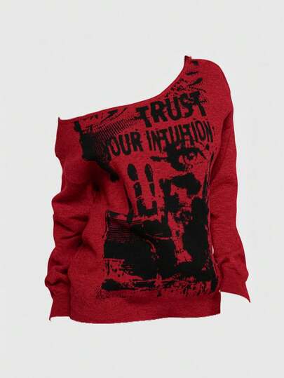 Grunge Punk Femmes grande taille Pull-shirt vintage à imprimé tie-dye squelette, col asymétrique ample, pour festival de musique et fête