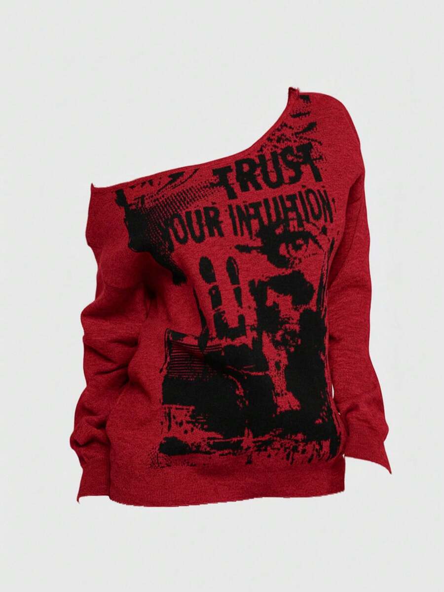 ROMWE Grunge Punk 大码女式骷髅扎染印花宽松不对称领复古音乐节派对毛衣