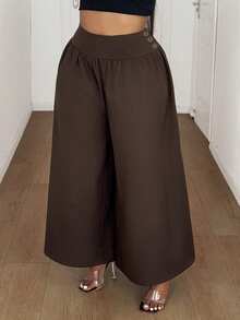 SHEIN PETITE CURVE Pantalones de mujer minimalistas, de diseño de nicho, de uso diario, sueltos y con pliegues, de tela texturizada marrón, adecuados para primavera, verano, otoño e invierno, tallas grandes y pequeñas - Marrón - Ver 3