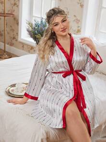 CottageSlumber Women's Elegant Color Block Faux Silk Heart & Letter Print Plus Size Robe - White - View 4