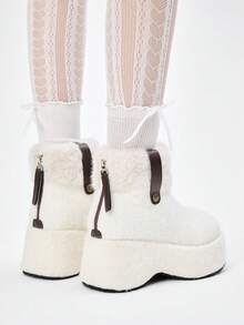 ROMWE Kawaii Bottines cheville en peluche pour femmes, confortables et polyvalentes pour un port quotidien, automne/hiver, Saint-Valentin - Beige - Voir 5