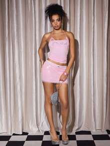 Y2Kool BiGraphic Y2K Inspired Lace Patchwork Sequin Striped Casual Mini Skirt For Women, Suitable For Spring/Summer Holiday, Party, Valentine's Day, Daily Wear - Pink - View 6