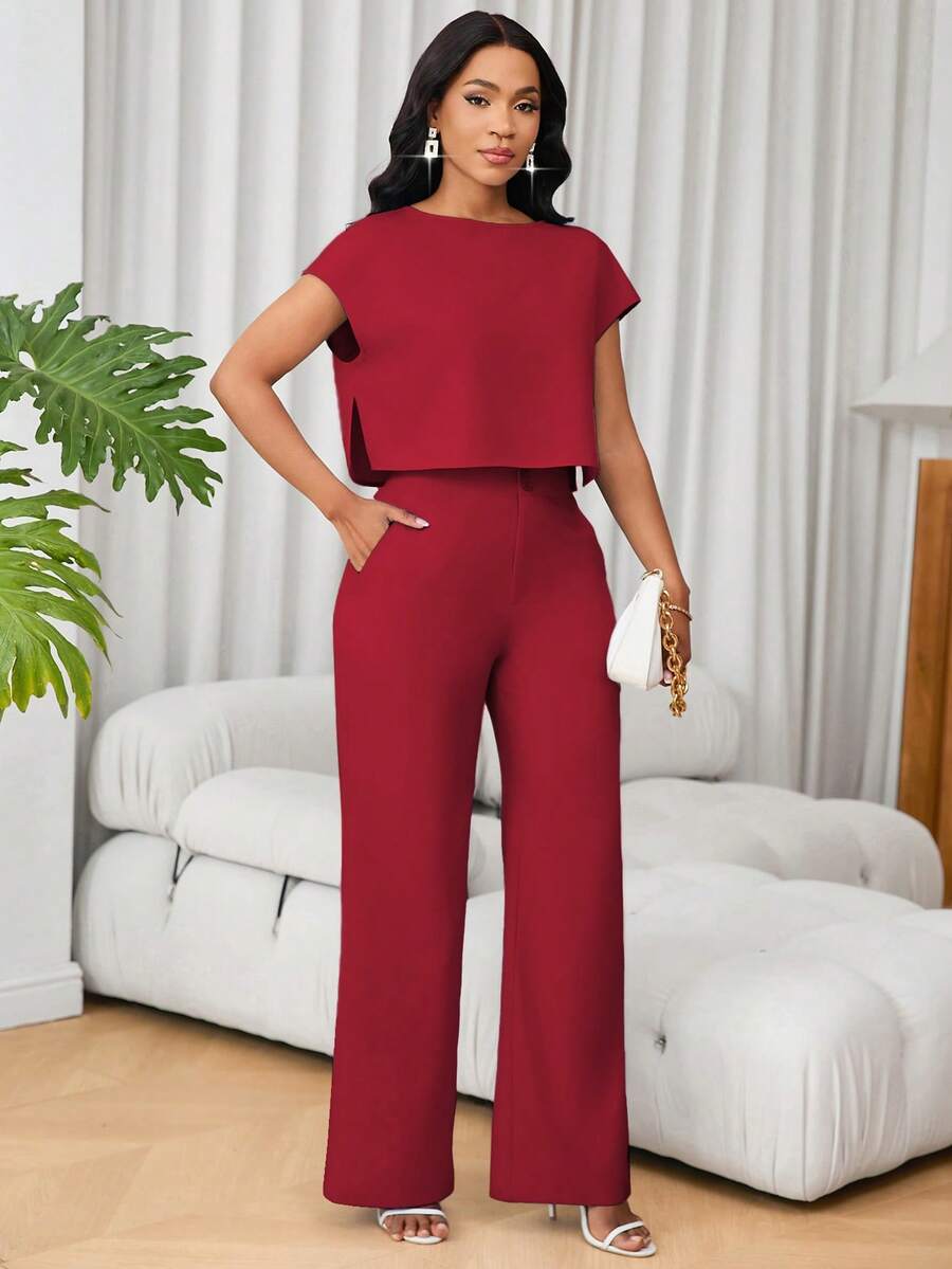 SHEIN Unity 法式圆领短袖休闲上衣和高腰阔腿裤两件套女装 - 酒紅色 - 查看 1
