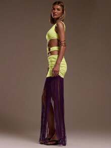 MUSERA One Shoulder Waist Cut Out Detail Fringe Hem Maxi Dress Ibiza Fits Holiday Vacation Sexy Beach Romantic Elegant Occasion Birthday Boho Rafia , Winter - Lime Green - View 2