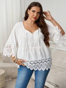 SHEIN LUNE Blouse élégante à bordure en dentelle de couleur unie, respirante et confortable. Élégante pour la Saint-Valentin - Blanc - Voir 9