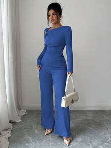 Elenzga 女士优雅不对称领口3D玫瑰金纽扣装饰长袖T恤+裤子两件套 - 寶藍色 - 查看 6