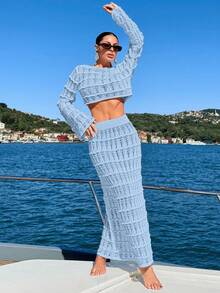 2pcs Crochet Jacquard Hollow Out Loose Fit Cover Up Set - Baby Blue - View 3