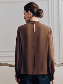 Anewsta Blusa de manga larga con diseño de cuello swing elegante y de alta calidad para mujeres - Café integral - Ver 7
