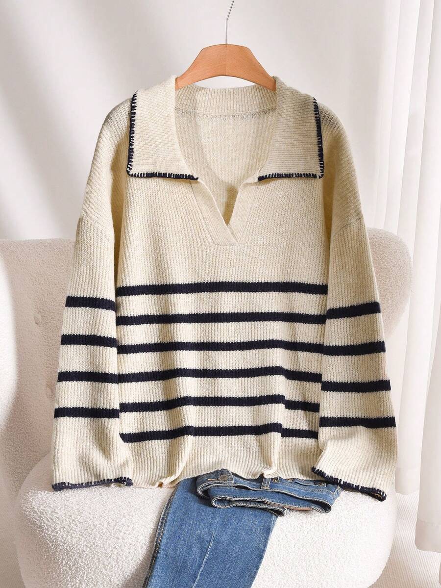 CosyJoli Plus Size Casual Color Block Trim V-Neck Pullover Sweater Fall/Winter - Beige - View 1