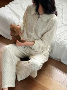 DAZY Cute Polka Dot Peter Pan Collar Women Pajama Set - Beige - View 1