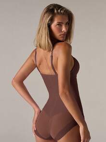 SHEIN BAE Bộ đồ định hình eo và bodysuit có xương cho nữ - Cà phê nâu - Xem 2